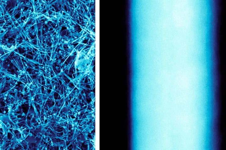 A scanning electron microscope image of the copper nanowire coating (left) along with a closer image of an individual wire segment