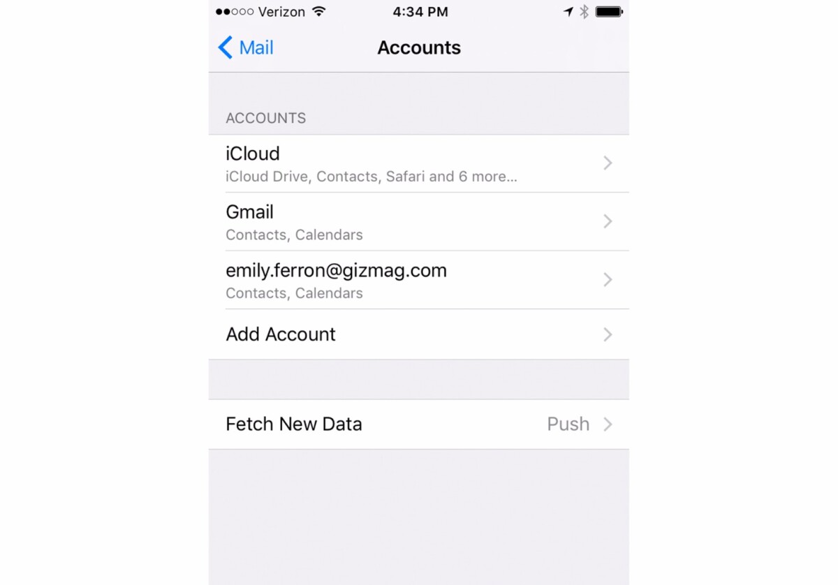 iPhone Settings > Mail > Accounts