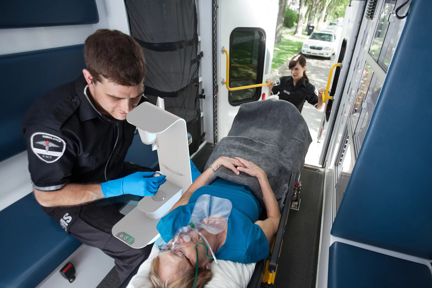 The device is portable enough to be used in the field or inside the tight quarters of an ambulance