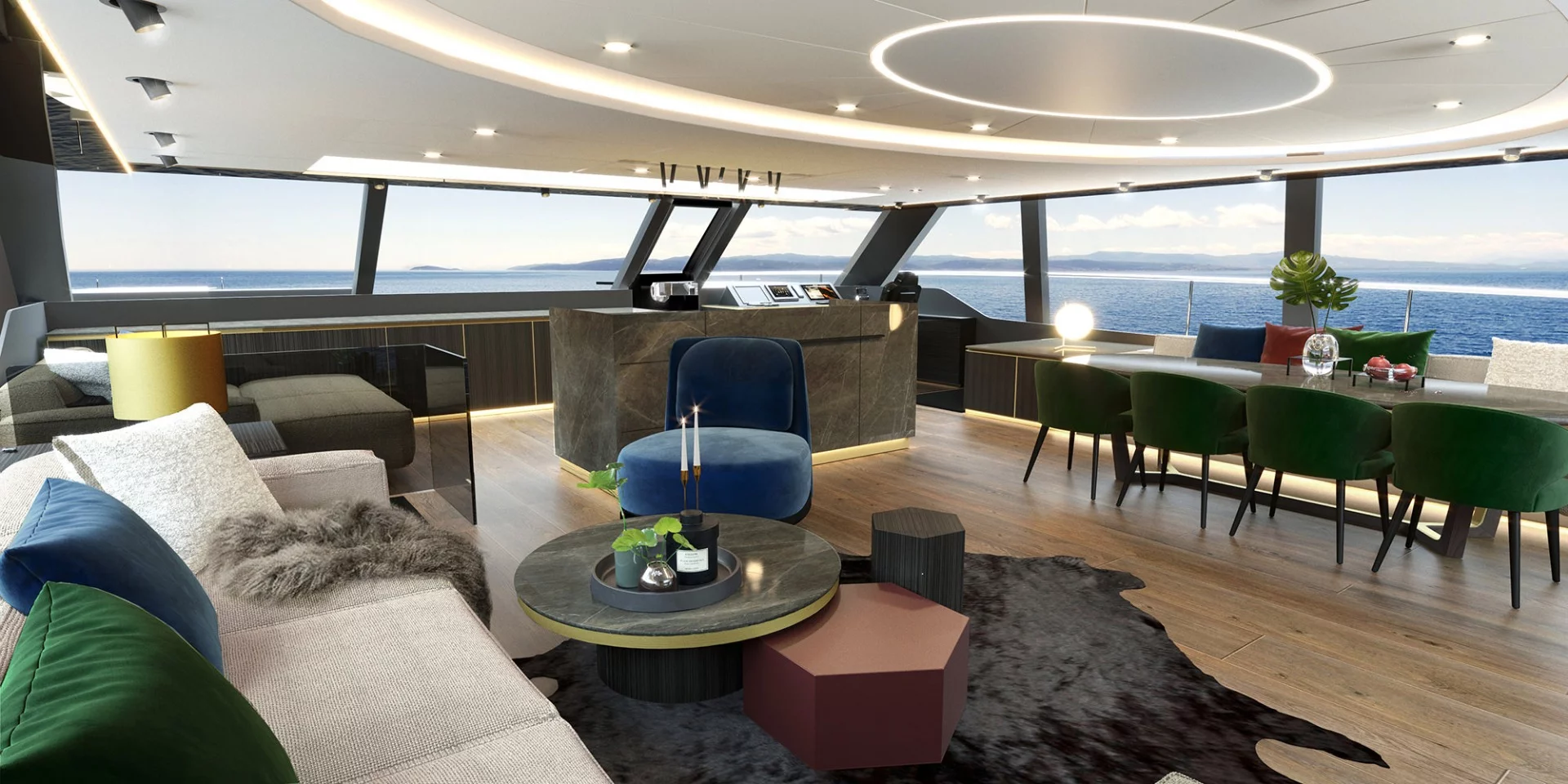 Style details on the 80 Sunreef Power yacht include stainless steel portlights, teak sole decking and tasteful ambient lighting