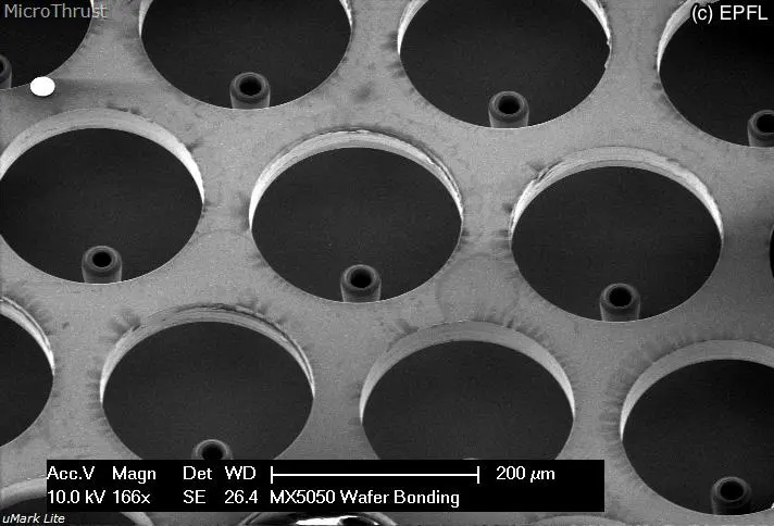 The array of tiny silicon nozzles from which the ions are emitted at speeds of around 40,000 km/h (24,855 mph)