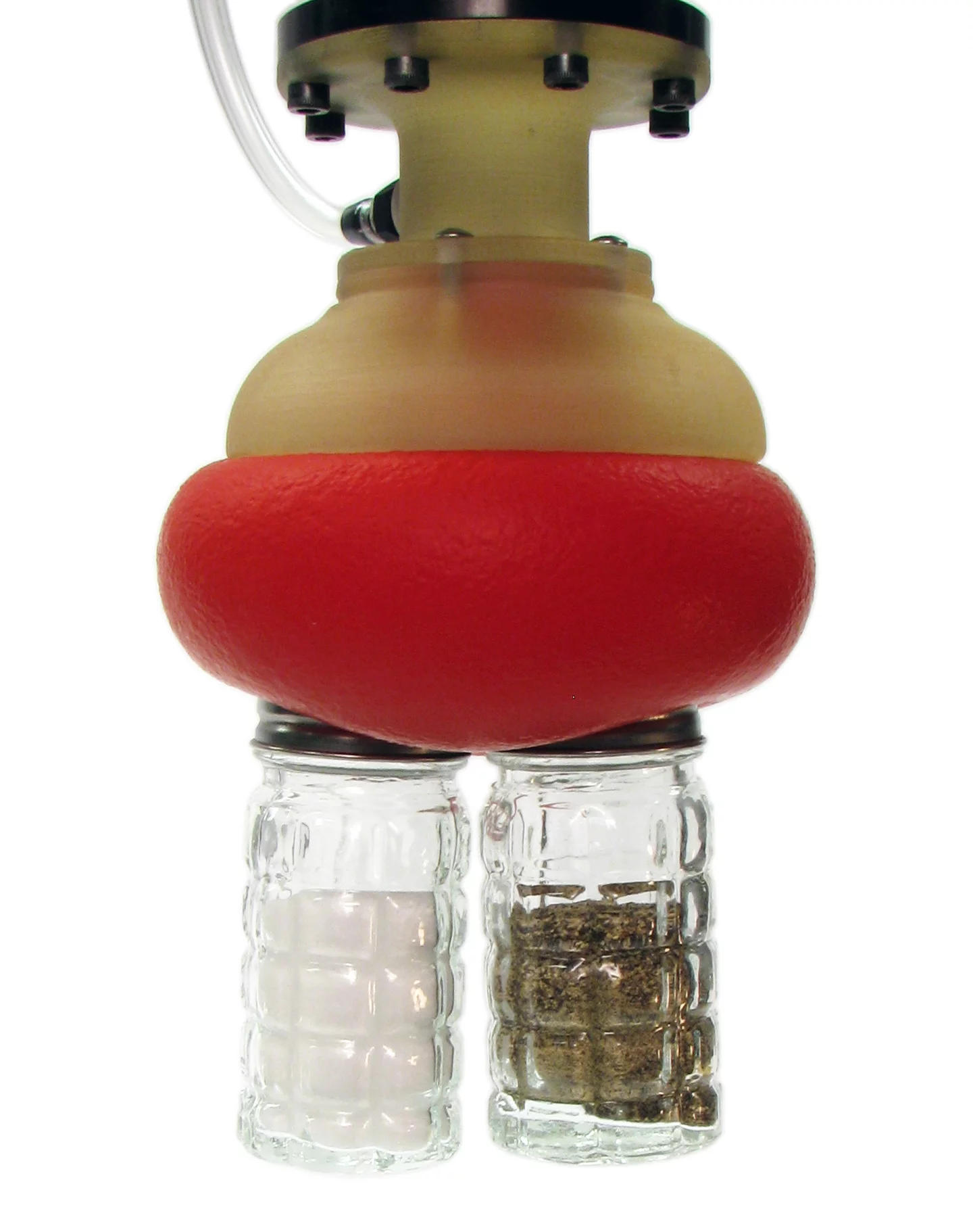 The gripper can grip multiple objects at once, as shown here with salt and pepper shakers (Photo: John Amend, Cornell University)