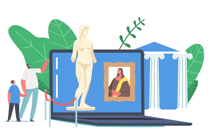 Stay Home Entertainment Concept. Characters Visit Online Museum, Virtual Gallery Tour, Art Therapy Leisure Time, Online Education Live Stream from Modern Exhibition. Cartoon People Vector Illustration