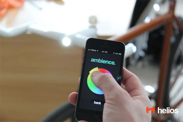 Using an accompanying Bluetooth 4.0-enabled iOS app, the user can set the bar-end lights to a color of their choice