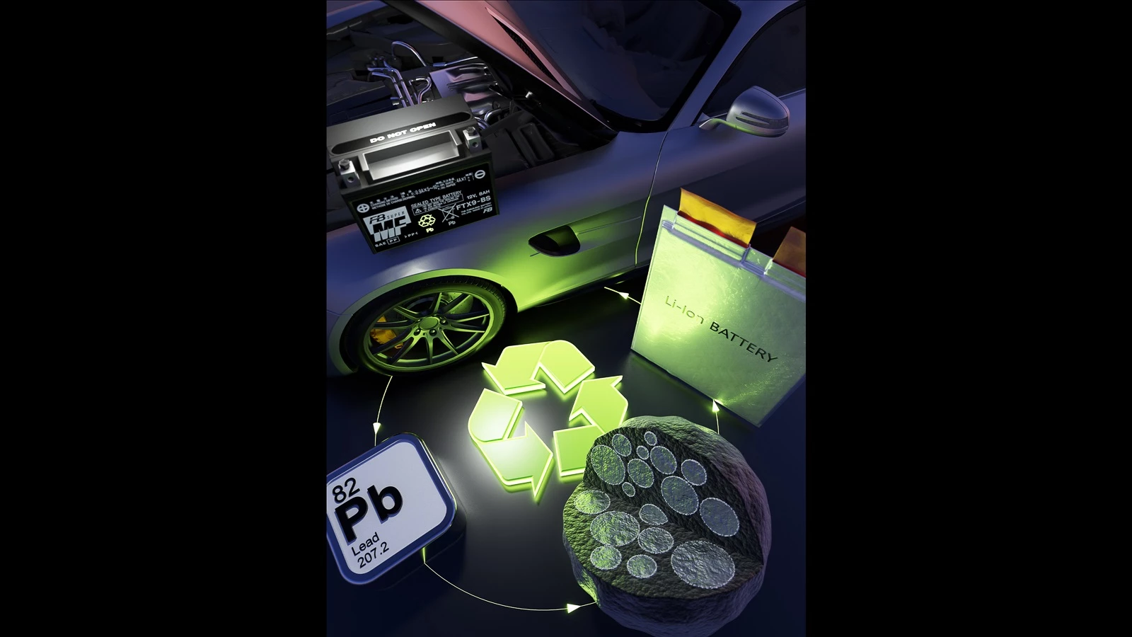 Artist's impression of the new lead-based shell particles as an anode material, alongside a lithium battery and electric vehicle