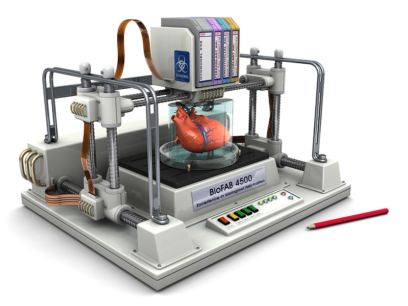 A future bioprinter generating a heart for transplant (Image: Christopher Barnatt)