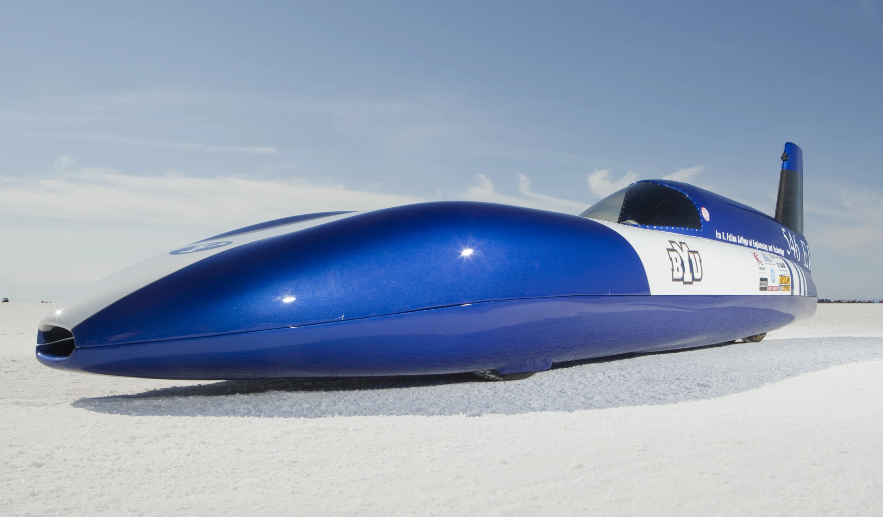 The Electric Blue streamliner built by BYU students now holds the world land speed record in the "E1" class