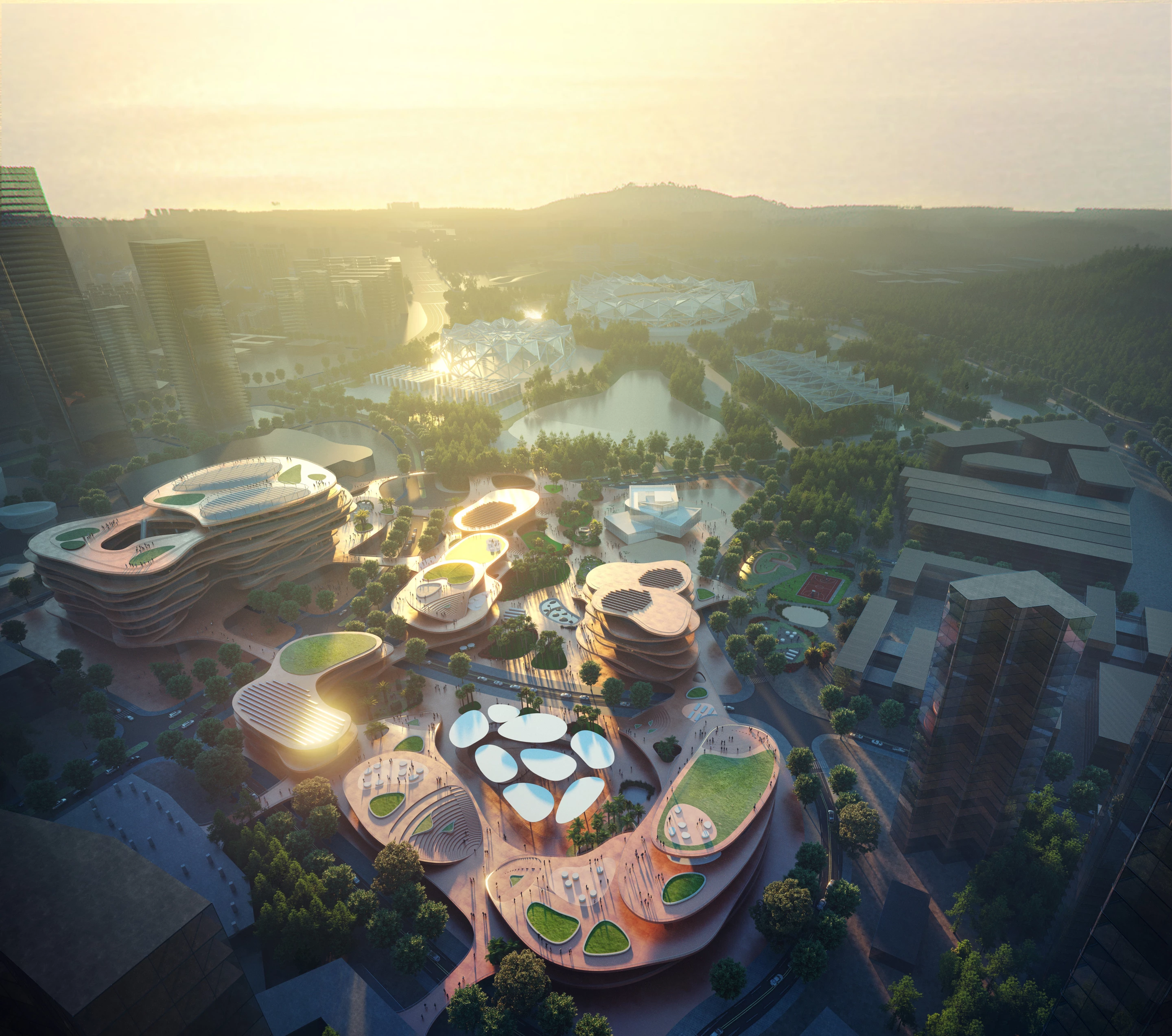 “The central concept of Shenzhen Terraces is to merge the existing landscape with the new development by using stacked plateaus for its various buildings,” says MVRDV
