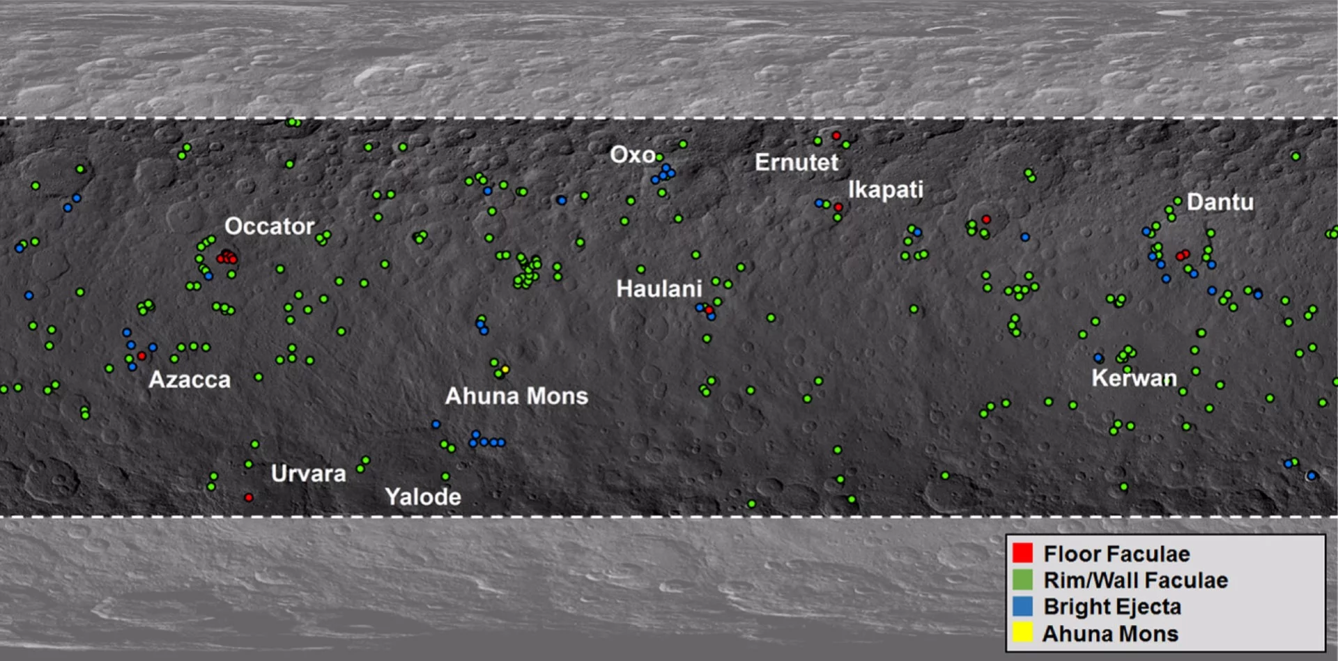 Global map of Ceres showing the locations of over 300 bright features