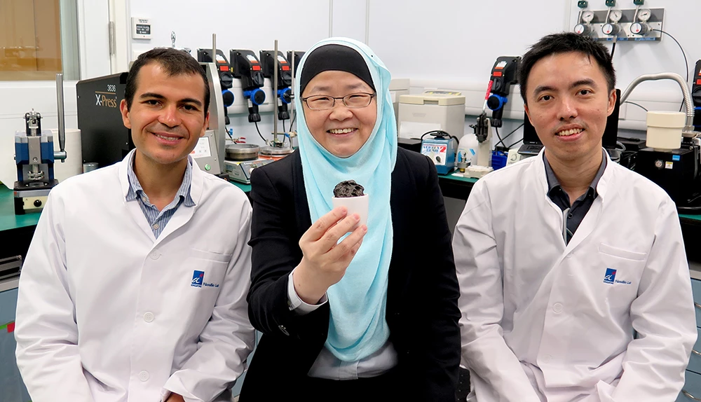 A research team in Singapore have developed a new lithium-sulfur battery they say overcomes the limitations of previous designs. (Left to right): Dr. Ayman AbdelHamid, Prof. Jackie Y. Ying and Mr. Jian Liang Cheong.