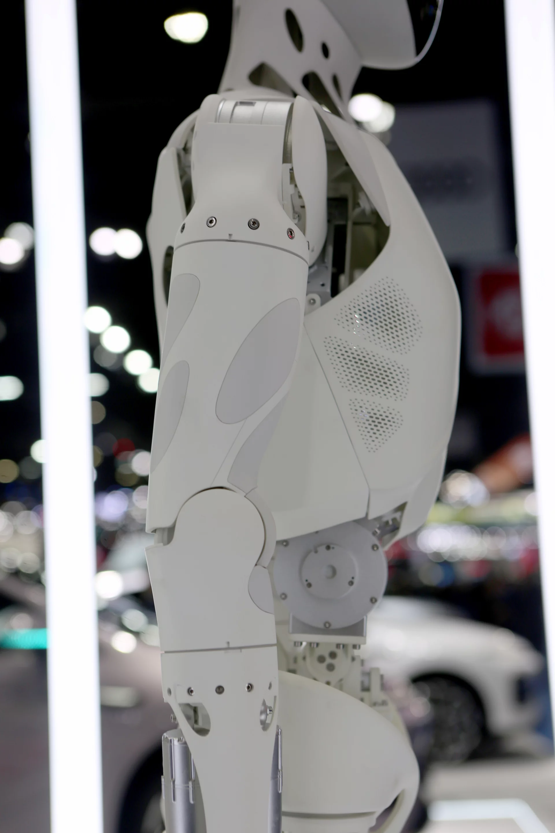 A close up of XPENG's IRON robot at the 2026 Bangkok International Motor Show, taken without its outer skin. Mass production of the the humanoid IRON robots will begin this year (2026) in Guangzhou with a monthly target of 1000 units by year's end.