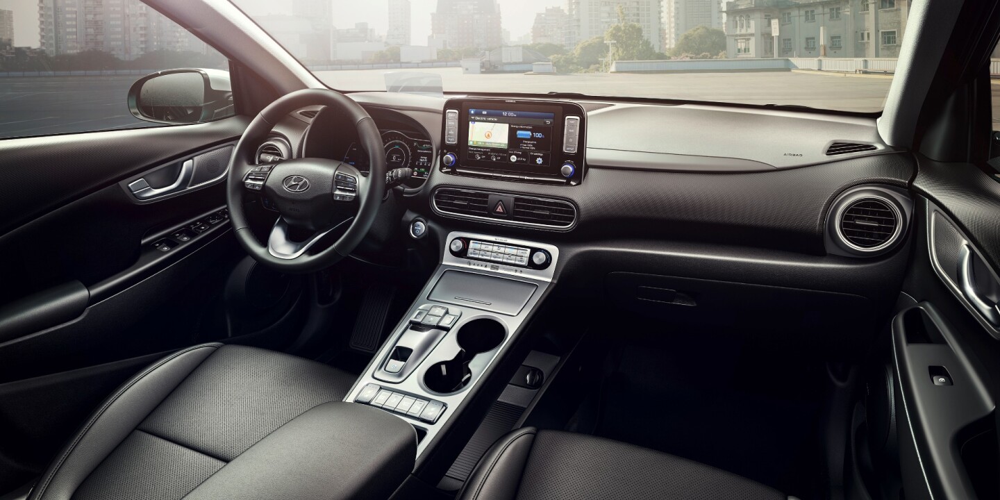Inside the Kona Electric, there's a 7-inch center touchscreen display that connects with Apple CarPlay and Android Auto