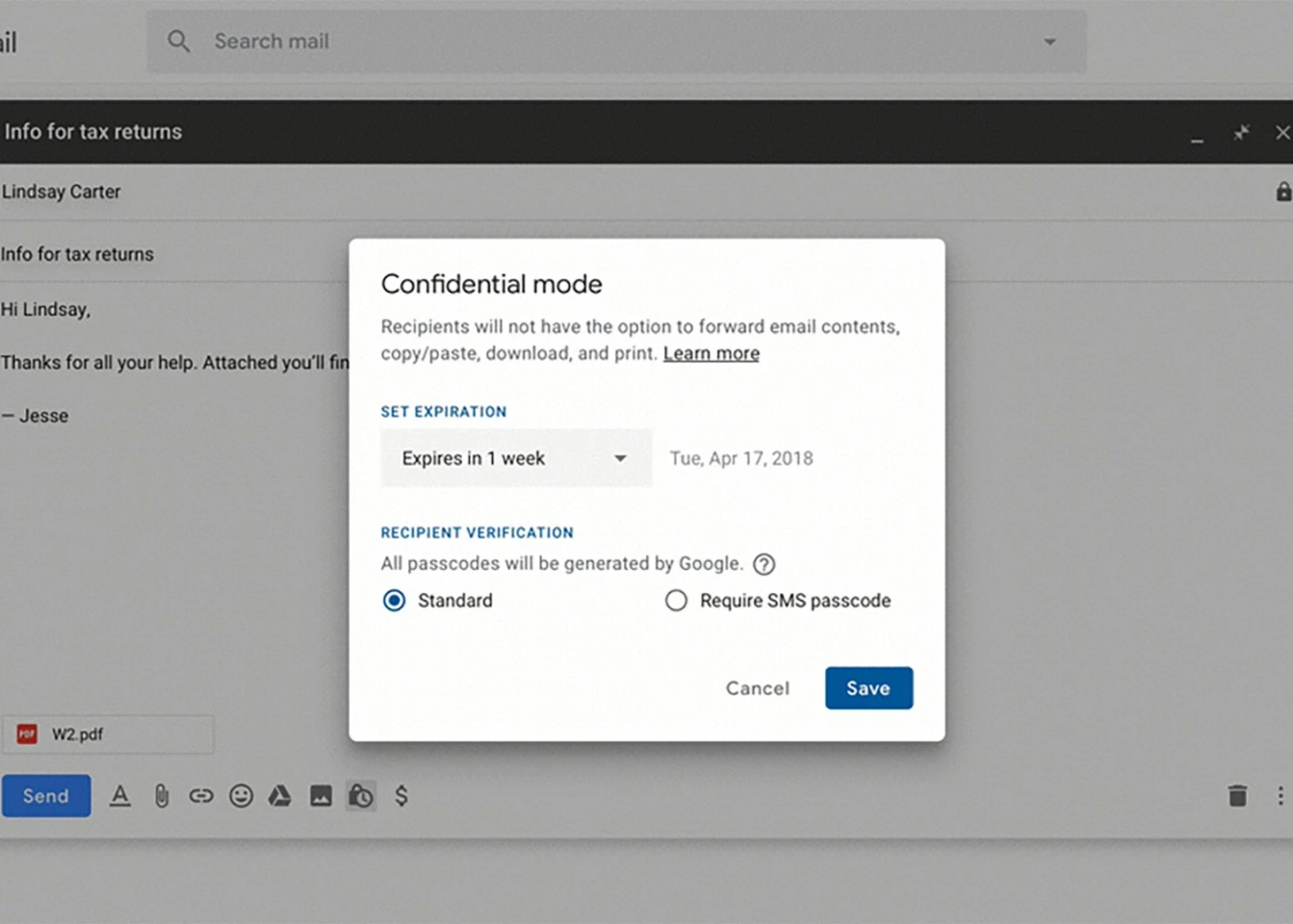 A new confidential mode in Gmail lets you set expiry dates for messages