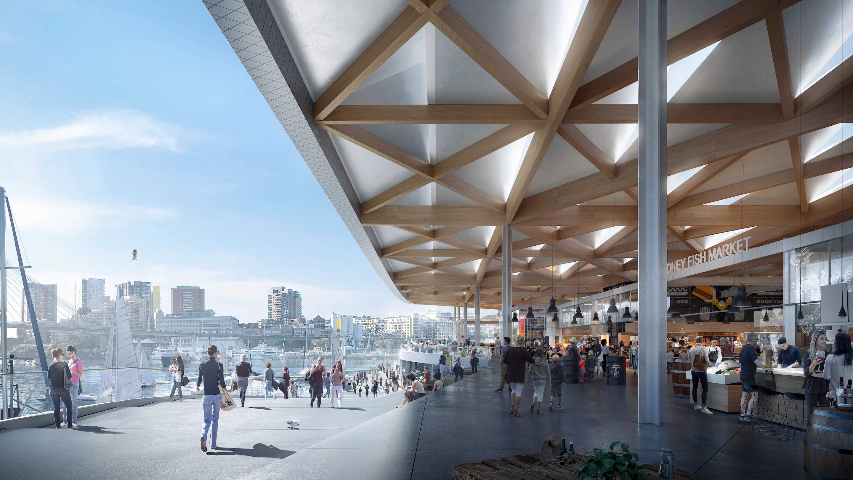 Sydney Fish Market will be topped by a distinctive aluminum and timber roof, which is also a crucial part of its sustainable design