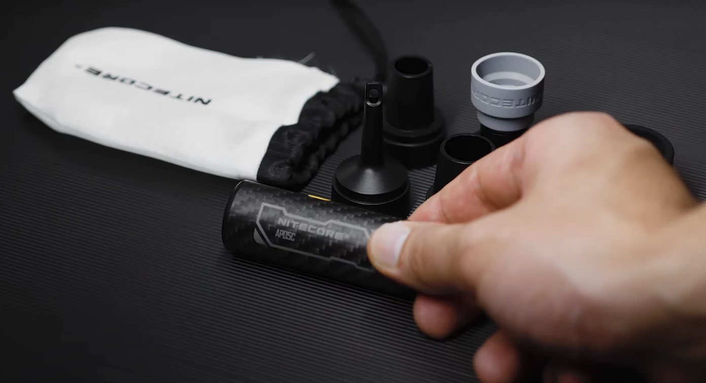 Nitecore's tiny new pump comes with an adapter, four nozzles and a carry sack – battery sold separately