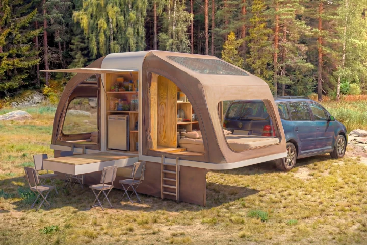 Wingcube is still finalizing the design, but so far it includes two tented side bedrooms and a central outdoor dining/storage/kitchen area