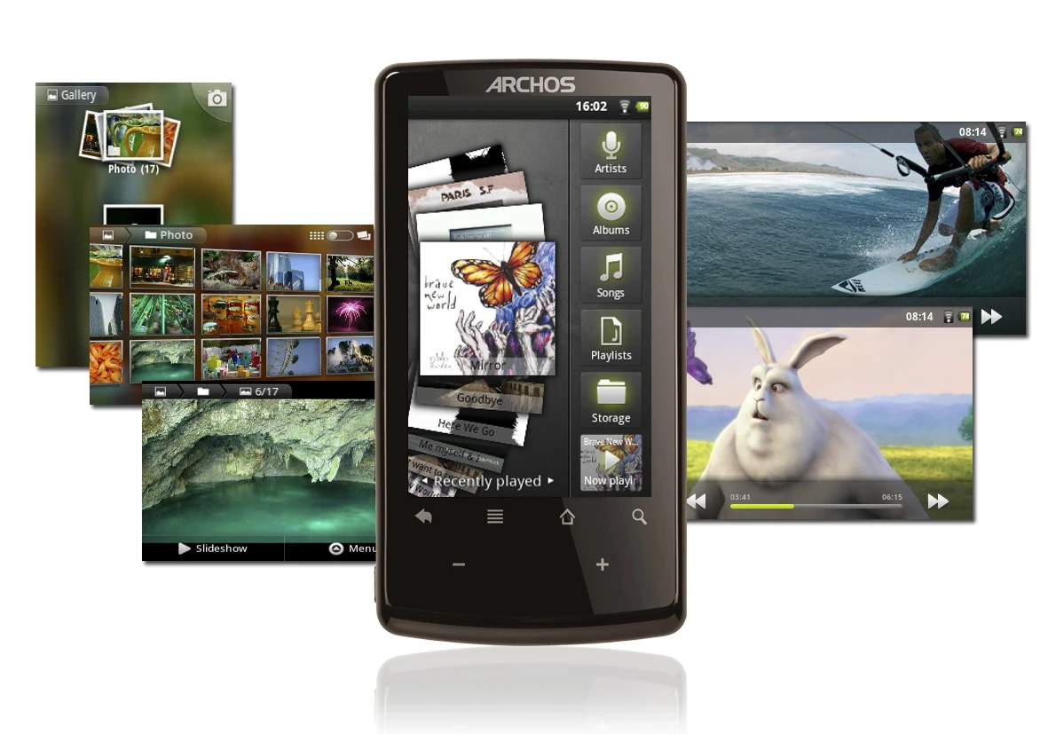 Like the other tablets shown here, the Archos 32 supports MP3, WMA, WAV, AAC, Ogg Vorbis and FLAC audio formats