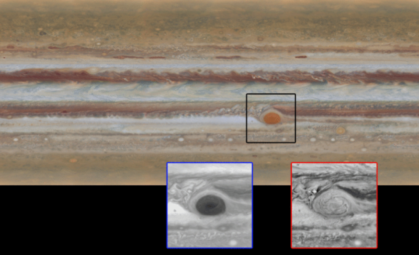 The movement of Jupiter’s clouds can be seen by comparing the first map to the second one. Zooming in on the Great Red Spot at blue (left) and red (right) wavelengths reveals a unique filamentary feature not previously seen