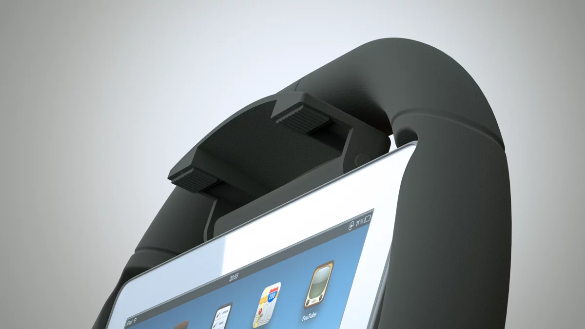 The KOLOS locks an iPad in place with a set of silicone clips