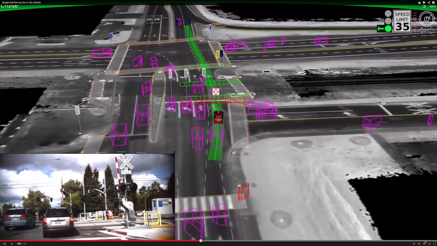 Google's self driving car waits for a level crossing to clear before moving onto the train tracks
