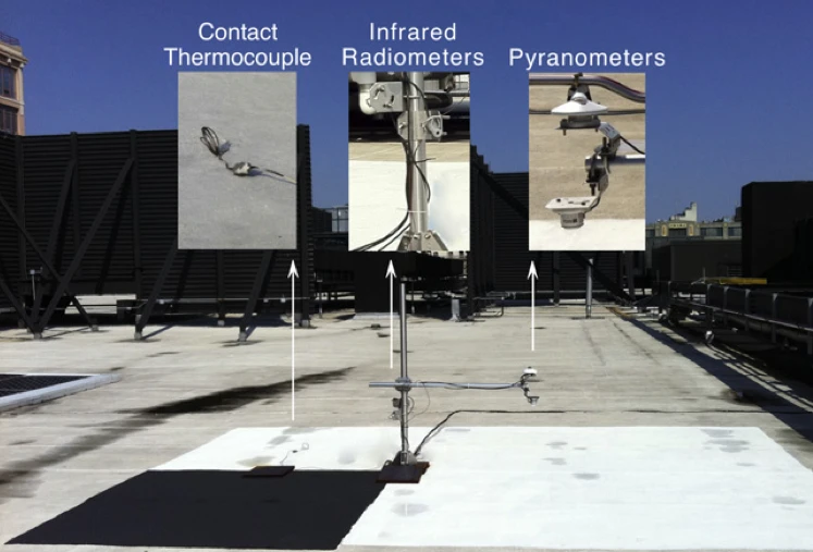 The white acrylic paint surface next to a black asphaltic control membrane on a Long Island rooftop (Image: Stuart Gaffin/Columbia University)