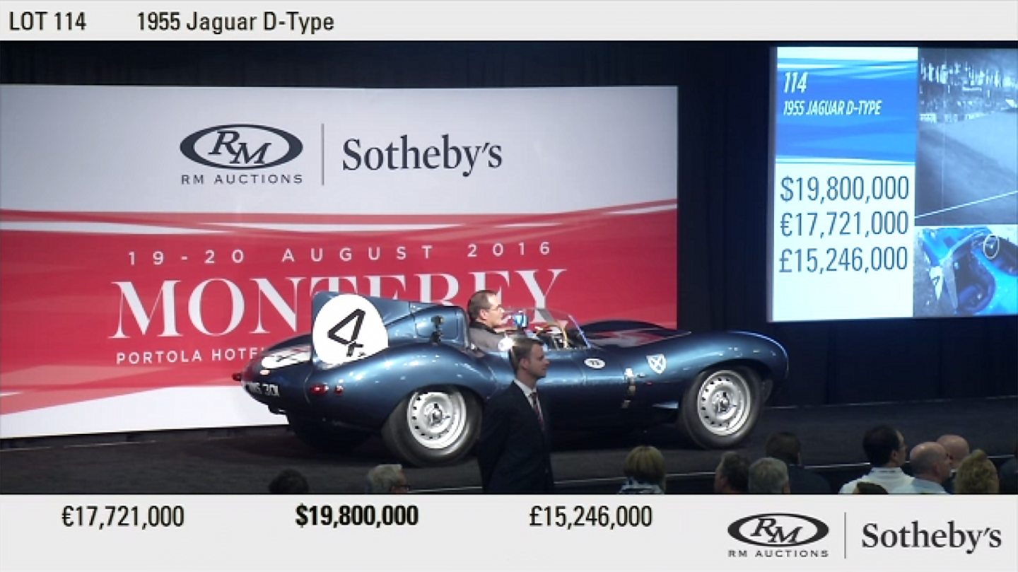 This 1955 Jaguar D-Type (chassis no. XKD 501) was the first D-Type supplied by Jaguar to a non-factory team, the famous Scottish Racing team, Ecurie Ecosse, which used it to win the 1956 24 Hours of Le Mans with drivers Ron Flockhart and Ninian Sanderson. The car has spent the last two decades in one of America's leading automotive collections. The 1955 Jaguar D-Type sold for $21,780,000 at RM-Sotheby’s 2016 Monterey auction.