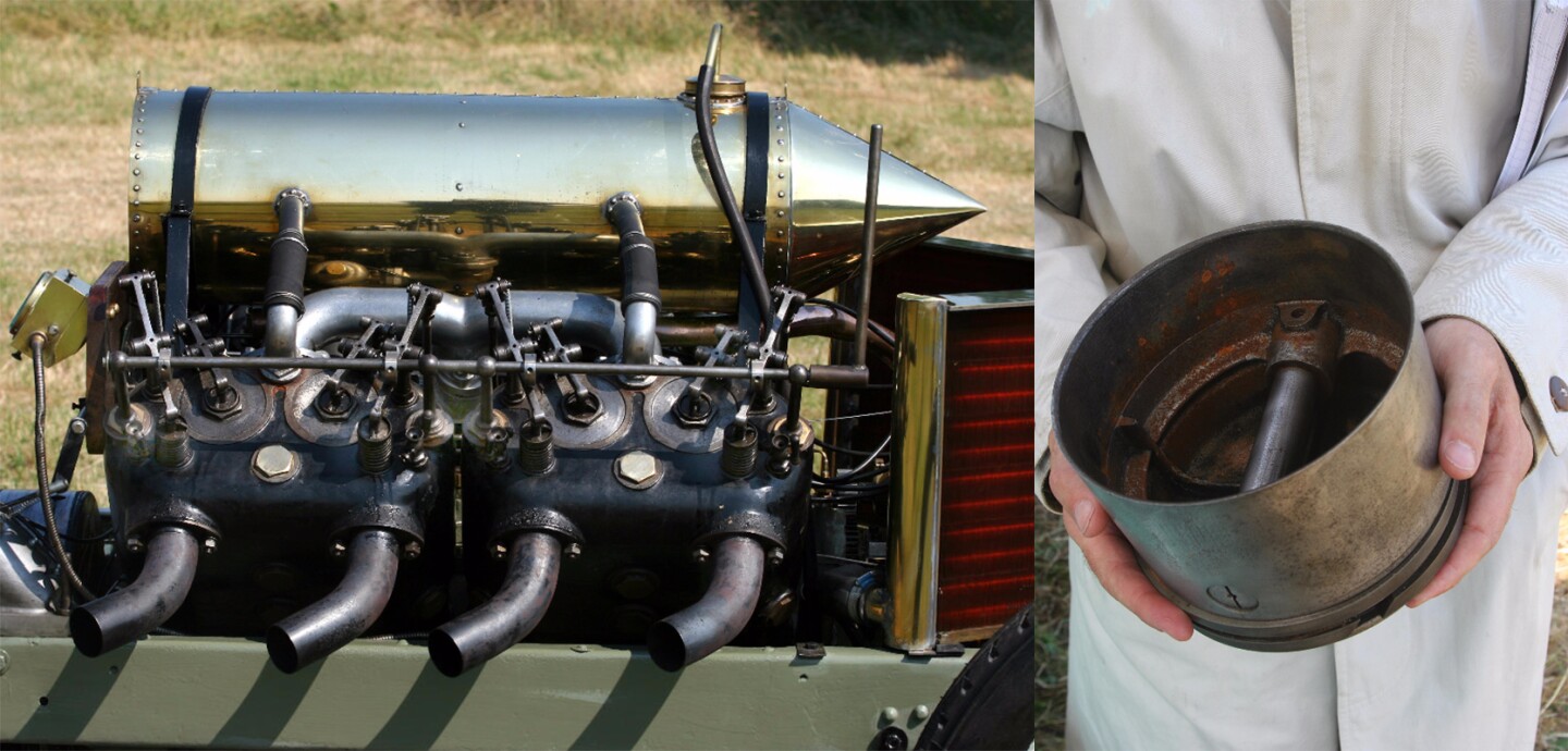 The engine and one of the pistons of the 1905 Darracq 200 HP Land Speed Record Car. With diameter of 170mm and a swept volume of over six litres, and it will help frame the perspective of the motor beside it. Two of those pistons were housed in each block.