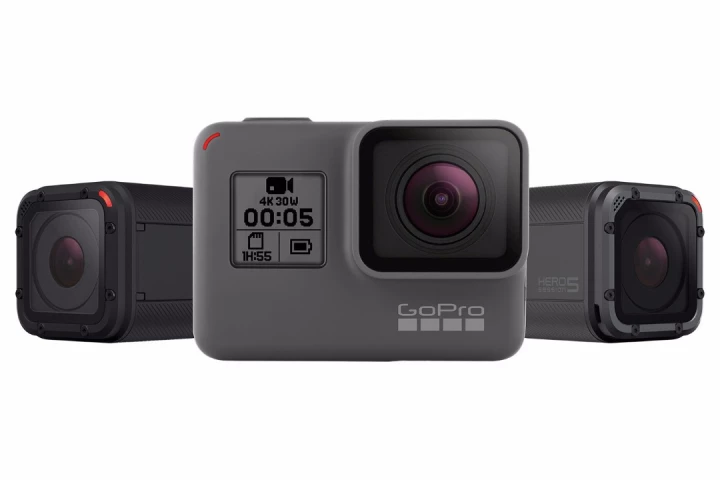 The GoPro Hero5 Black (middle), flanked by the Hero5 Session