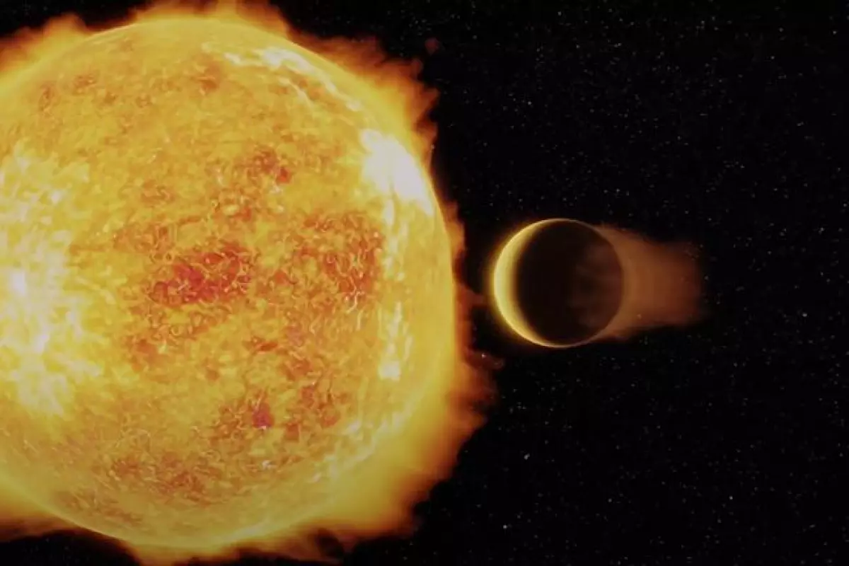 An artist's illustration of LTT 9779b, an ultrahot Neptune exoplanet that orbits its host star in under a day