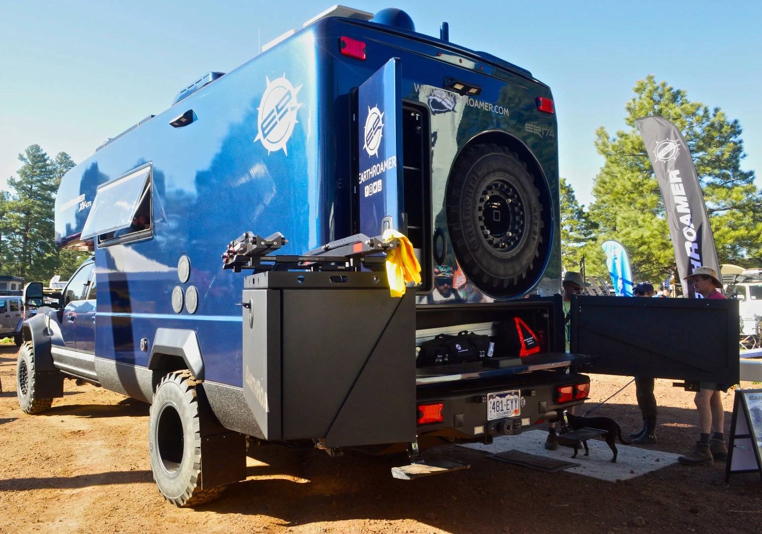 The EarthRoamer XV-LTS at Overland Expo West featured a number of options, including the swing-out storage and rack