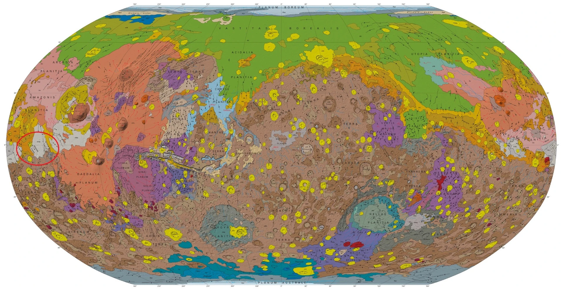 A geographic map of Mars, with the Medusae Fossae circled in red