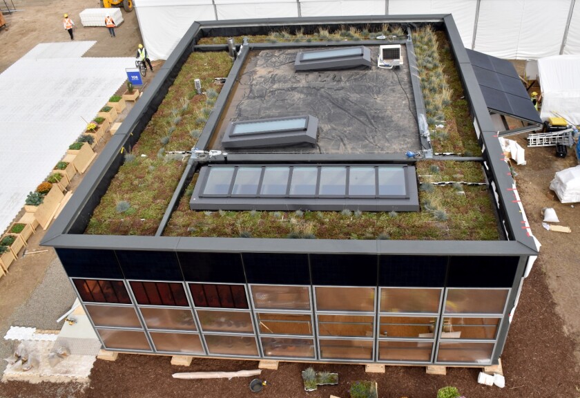 The NeighborHub's roof collects rainwater to grow food, as well as plants chosen to attract bees. Some of the water is also used for laundry