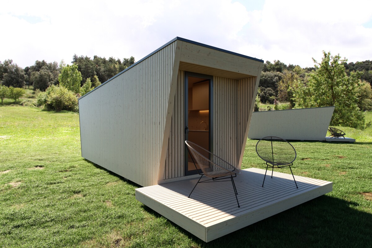 The DROP Box N-240 module can acccomodate two to four people and features a compact outdoor terrace