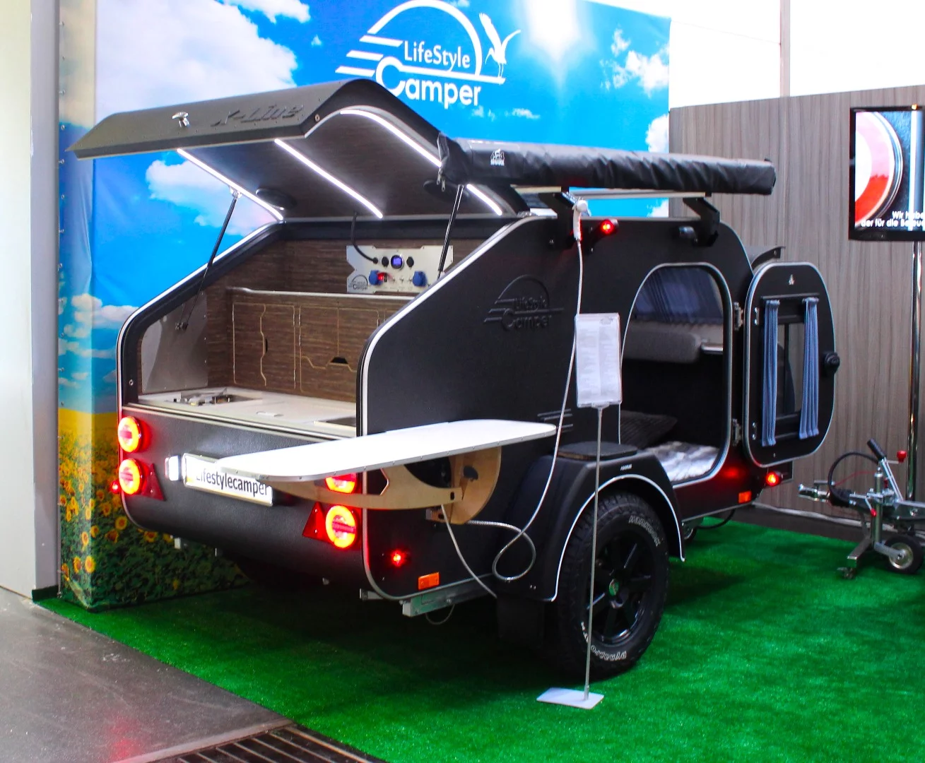 With its angular teardrop shape and LED light strips, the Lifestyle Camper X-Line caught our attention immediately