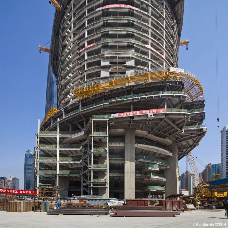 The mixed-use tower sports a distinctive twisting form that reduces the effects of the wind
