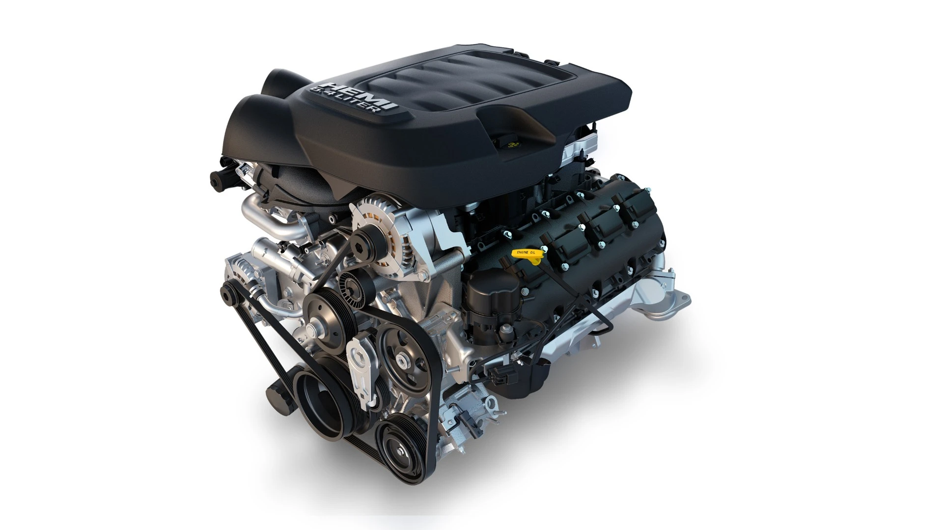 The base engine for the Ram heavy duty lineup is a 6.4-liter Hemi V8 gasoline rated for 410 horsepower and 429 pound-feet of torque in the 3500 model. The same engine is tuned to output 370 hp in 4500 and 5500 models