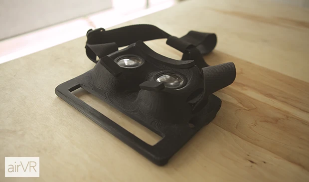 The AirVR headset houses your mobile device inside, with two aspheric lenses to enable focus on the screen at close proximity