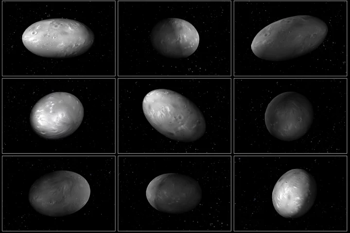 This set of computer modeling illustrations of Pluto’s moon Nix shows how the orientation of the moon changes unpredictably as it orbits the “double planet” Pluto-Charon
