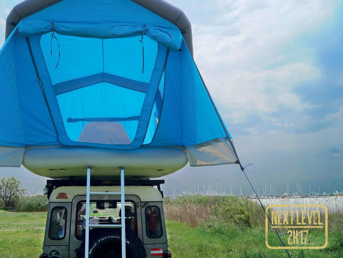Inflatable rooftop tent camps on your car or in the water