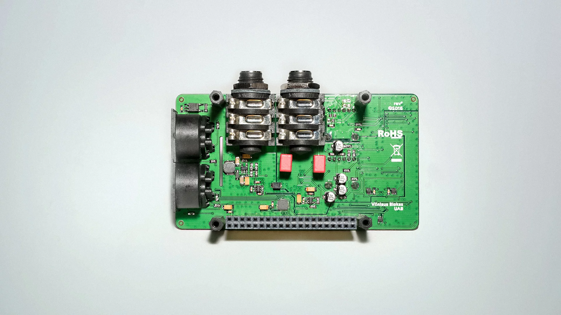 The rear of the pisound, showing the MIDI and stereo audio ins and outs