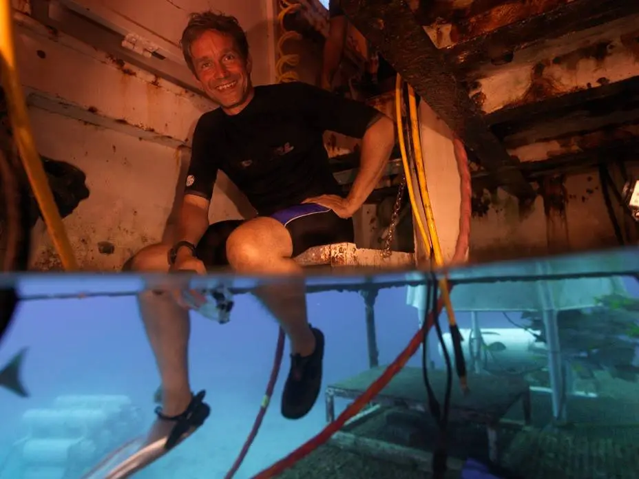 Fabien Cousteau in the porch of the Aquarius Reef Base (Image: Mission 31)