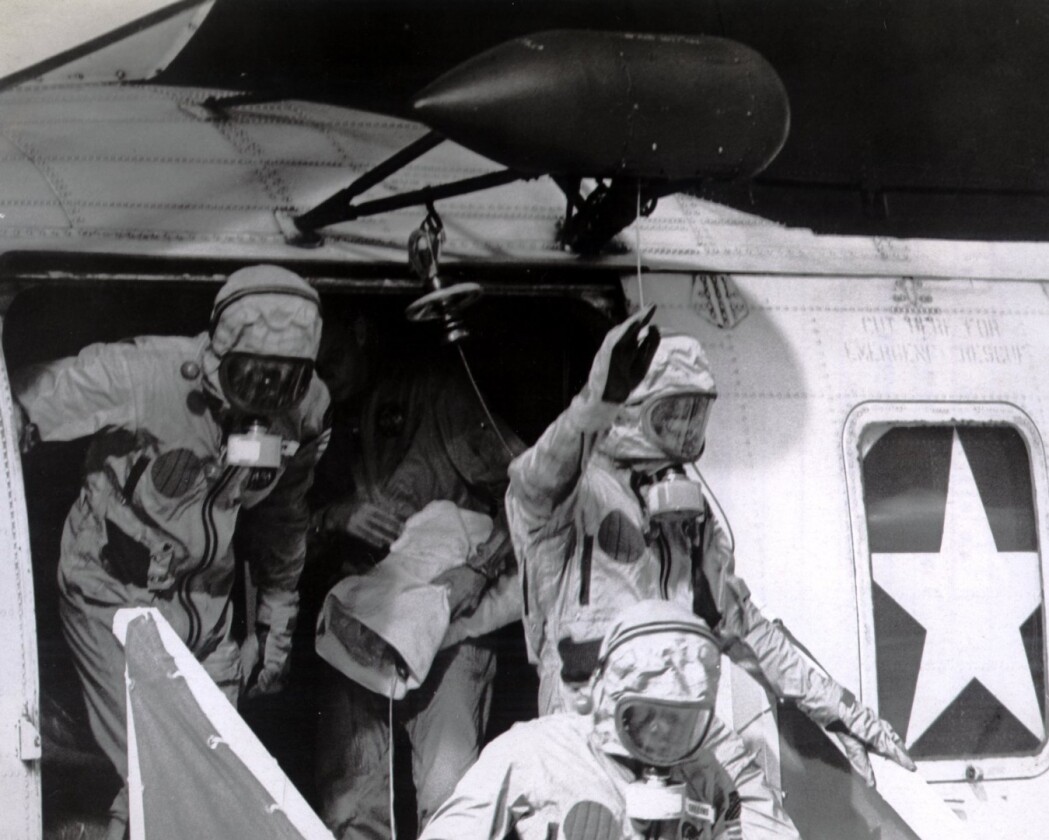 The Apollo 11 crew disembark on USS Hornet