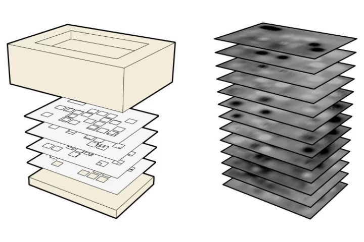 An illustration of InfraStructs (left) and the resulting terahertz scans (right) (Image: Karl Willis)