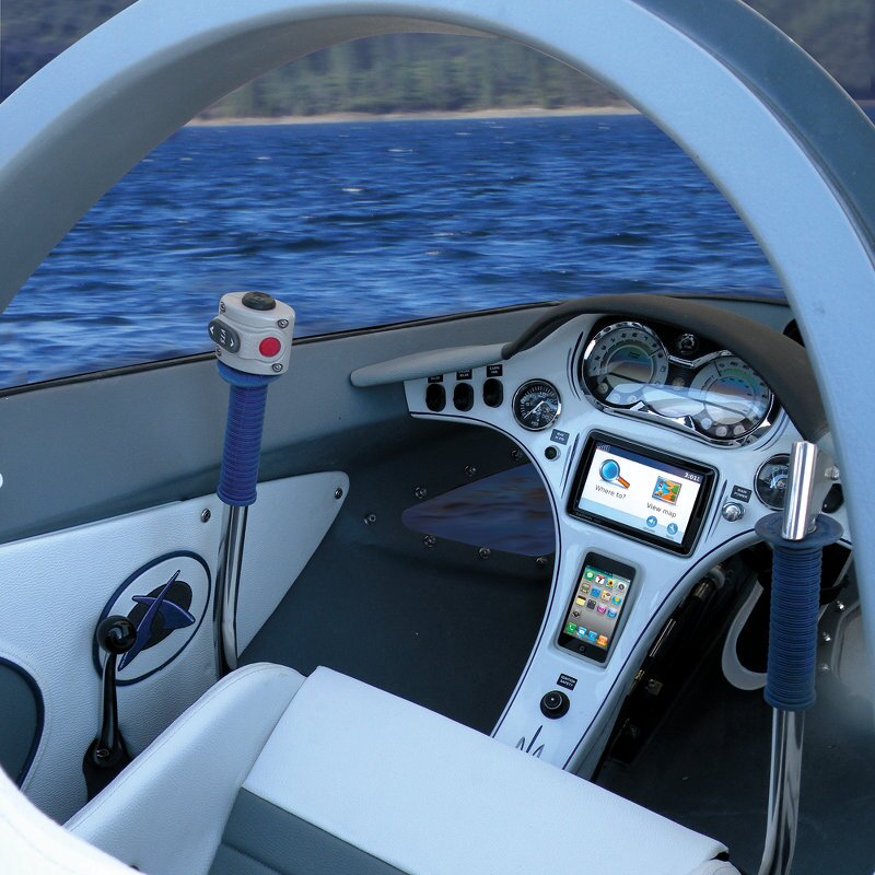 The Seabreacher Y's instrumentation includes speedometer, tachometer, engine and air pressure gauges, and an LCD that displays live video from the dorsal fin's built-in camera (Photo: Hammacher Schlemmer)