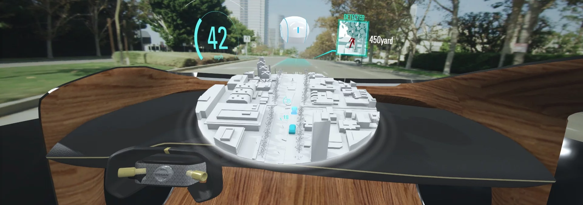 Items such as passing vehicles, pedestrians or vehicles behind obstructions are displayed for the driver in a "see through" VR display in real-time