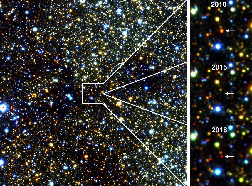 Infrared images of an "Old Smoker" star near the center of the Milky Way. Inset: How that star's brightness changed over time