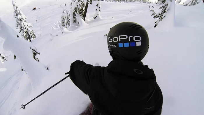 A skiing shot taken using the 3rd Person View camera-mounting system