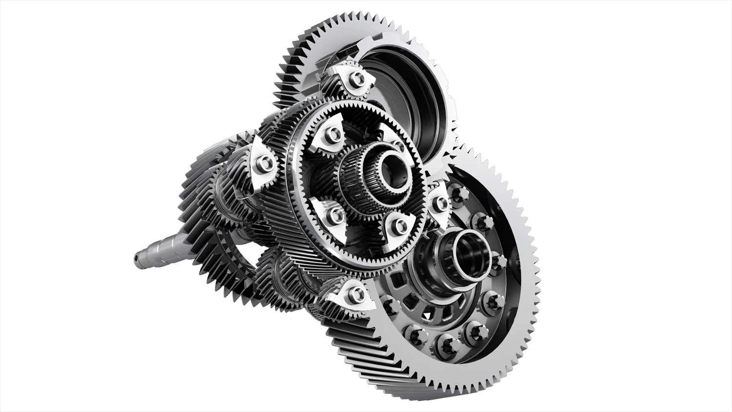 Exploded view of epicyclic gear sets and final drive gear
