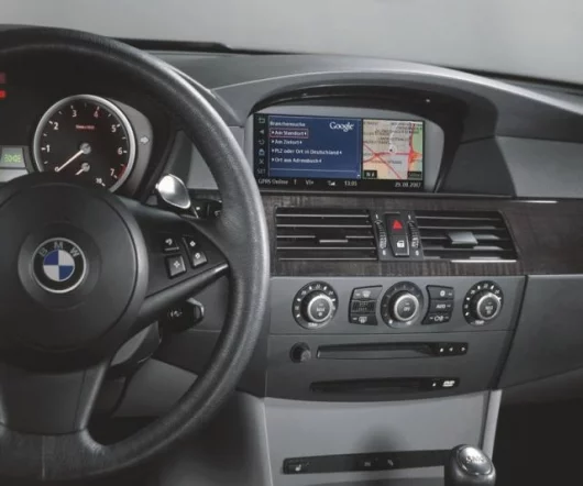 BMW's in-dash ConnectedDrive navigation system, now featuring Google Local Search abilities.