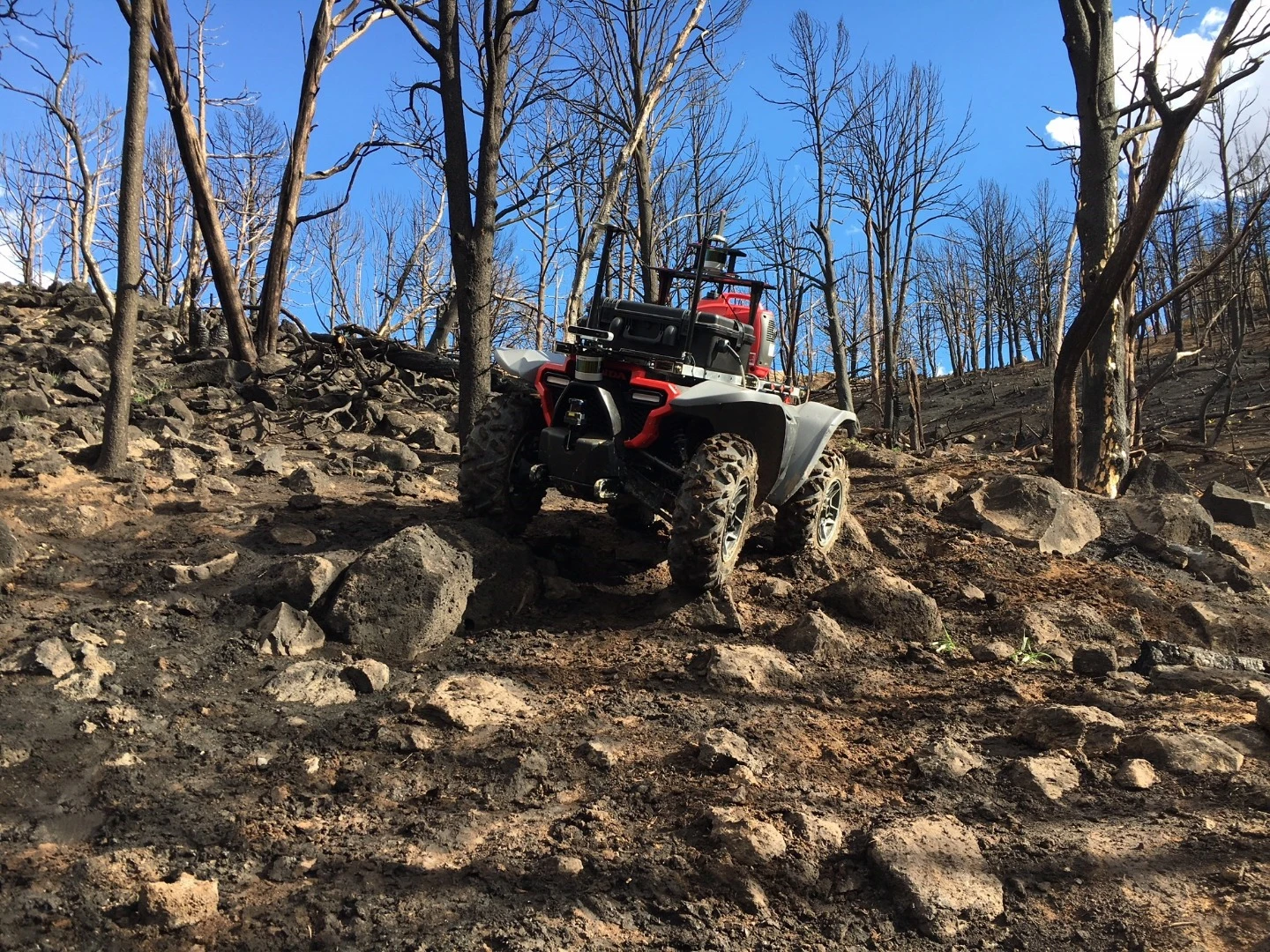 The Honda Autonomous Work Vehicle can manage any terrain that the Honda ATV it's based upon can navigate